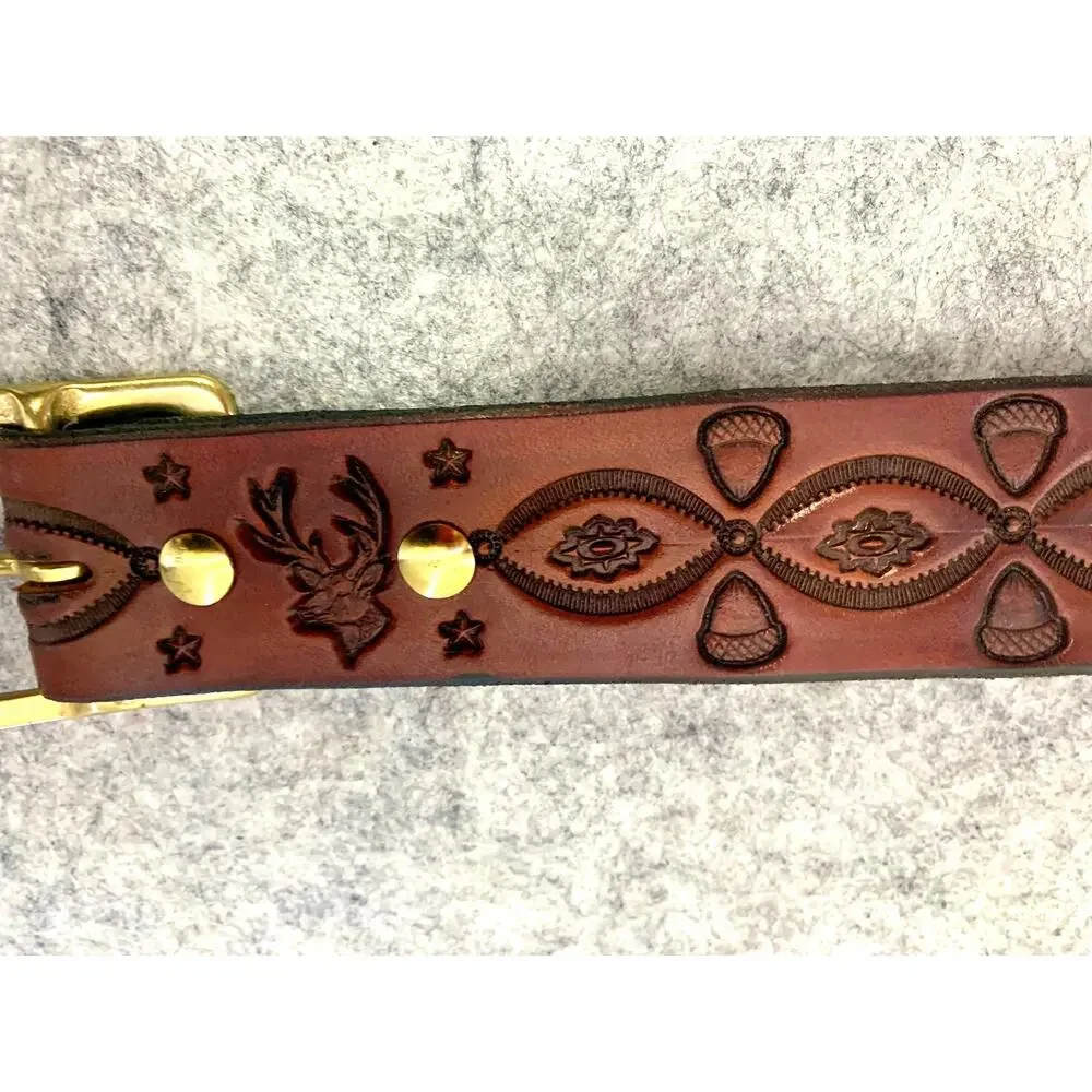 River Ridge Leather Belt, Maker Dennis Knight Tooled Brown Woodland Belt Sz 38